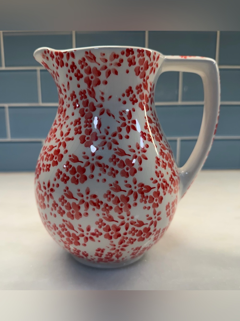 Farval Portugal Hand Painted Ceramic Pitcher Red Floral 8” Cottage Farmhouse